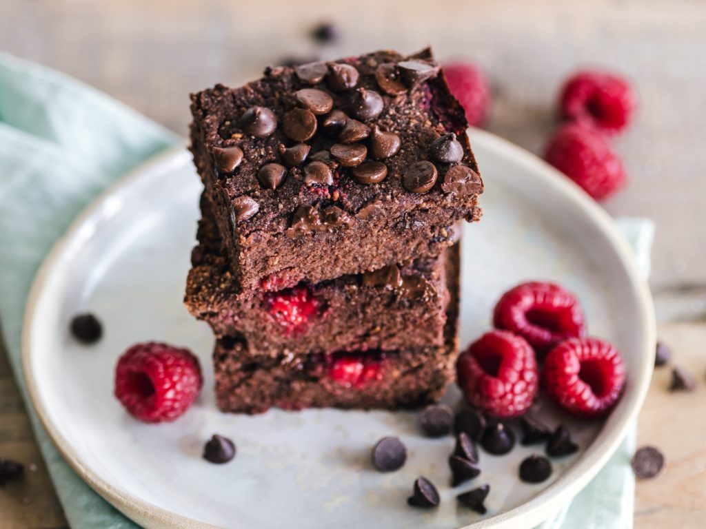stacked brownies with berries